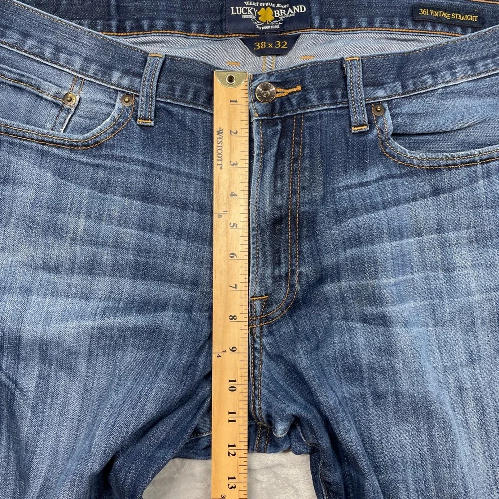 Lucky Brand 361 Vintage Straight Jeans Mens 38x32 Blue Medium Wash Distressed